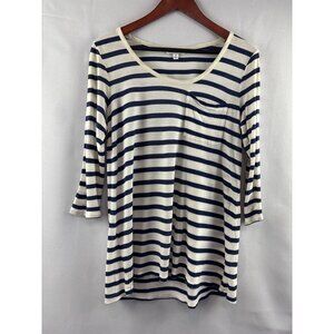 Cabi Womens Medium Striped Top With Pocket In Blue & Cream
